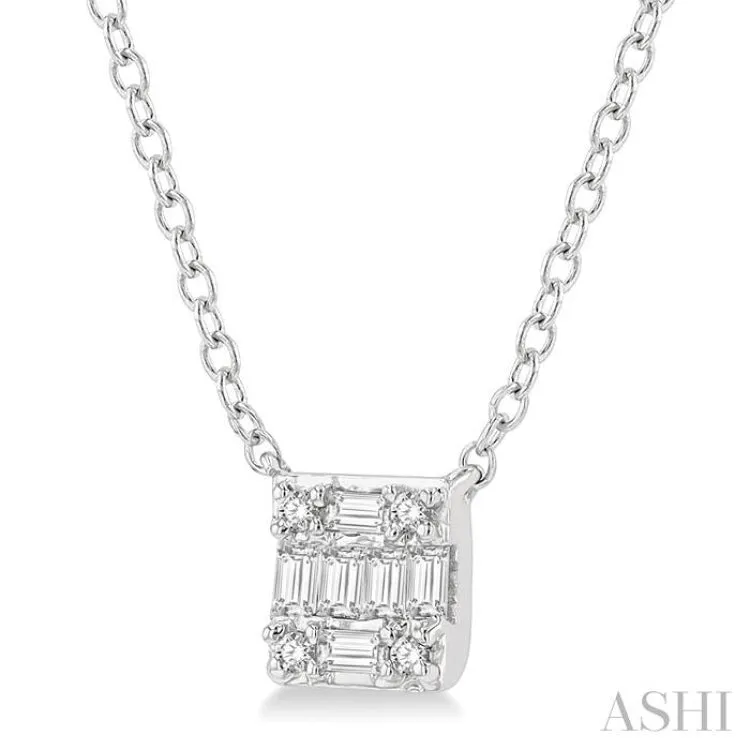 1/8 ctw Square Shape Baguette and Round Cut Diamond Petite Fashion Pendant With Chain in 14KWhite Gold