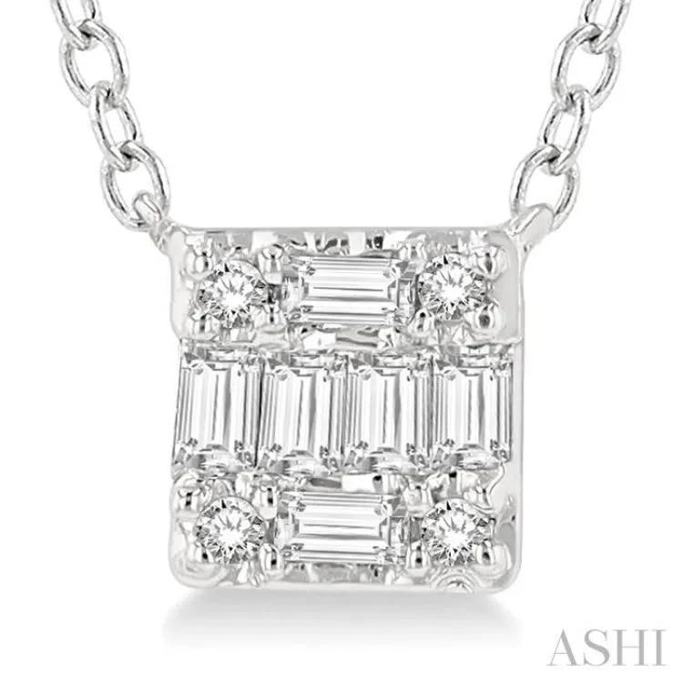 1/8 ctw Square Shape Baguette and Round Cut Diamond Petite Fashion Pendant With Chain in 14KWhite Gold