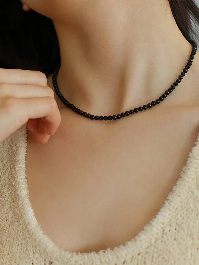 925 Silver Clasp 4mm Black Onyx Beaded Necklace