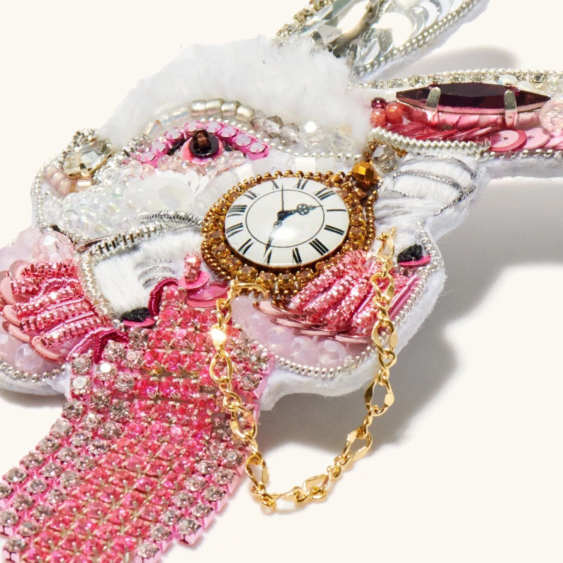 Alice in Wonderland White Rabbit Pink Brooch