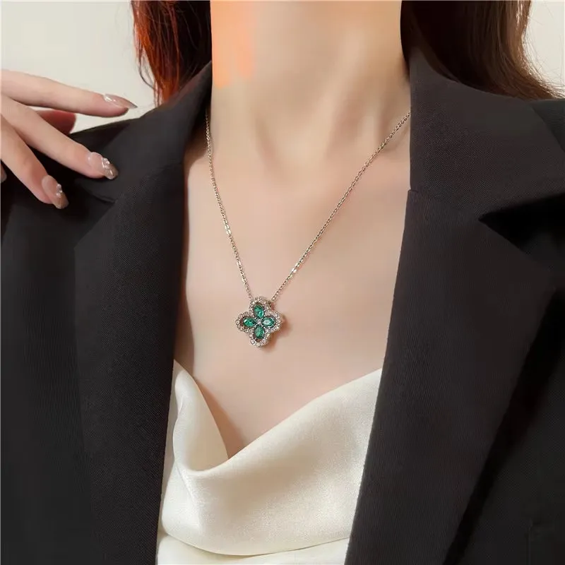 Elegant Zirconia Clover Pendant Necklace - Stylish Stainless Steel Chain for Women’s Party Jewelry Gifts