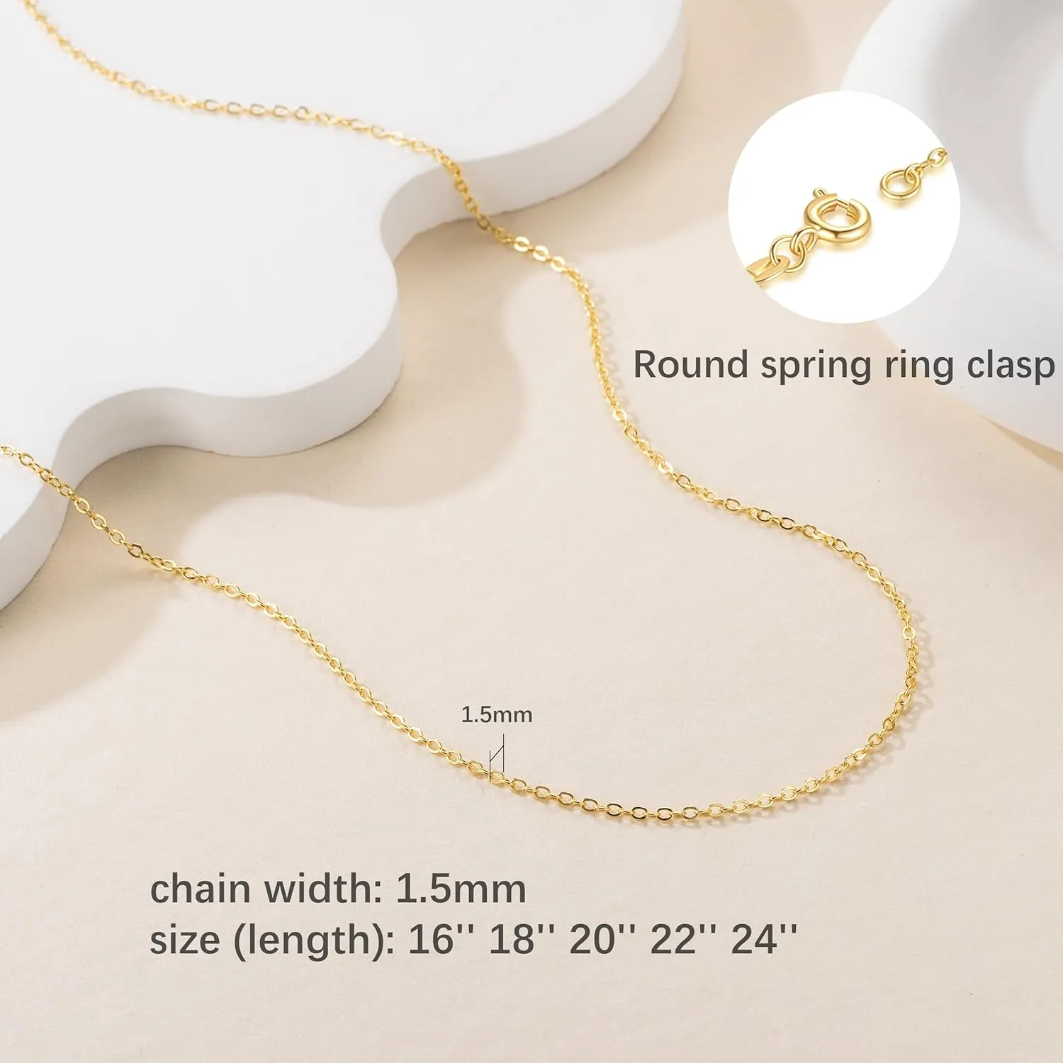 Gold Necklace for Women 1.5mm Wide 14K Thin Gold Chain Dainty Necklace for Women Elegance and Simplicity Cable Chain Thin Necklaces Chains 16,18,20,22,24in