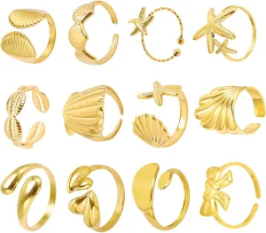 Gold Seashell Starfish Rings For Women Opening Shell Non Tarnish Chunky Rings Gold Dainty Stacking Rings Summer Beach Surfer Jewelry