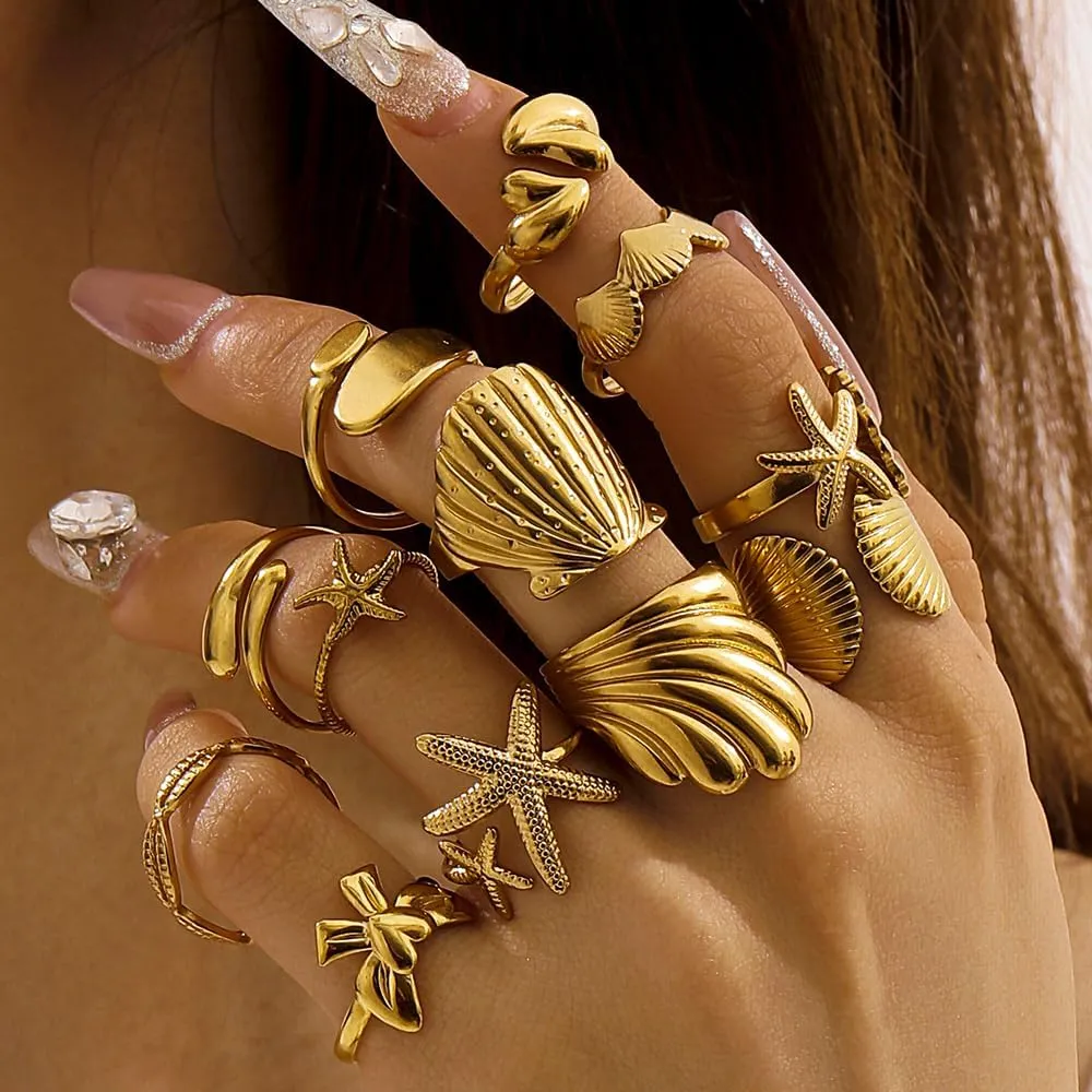 Gold Seashell Starfish Rings For Women Opening Shell Non Tarnish Chunky Rings Gold Dainty Stacking Rings Summer Beach Surfer Jewelry