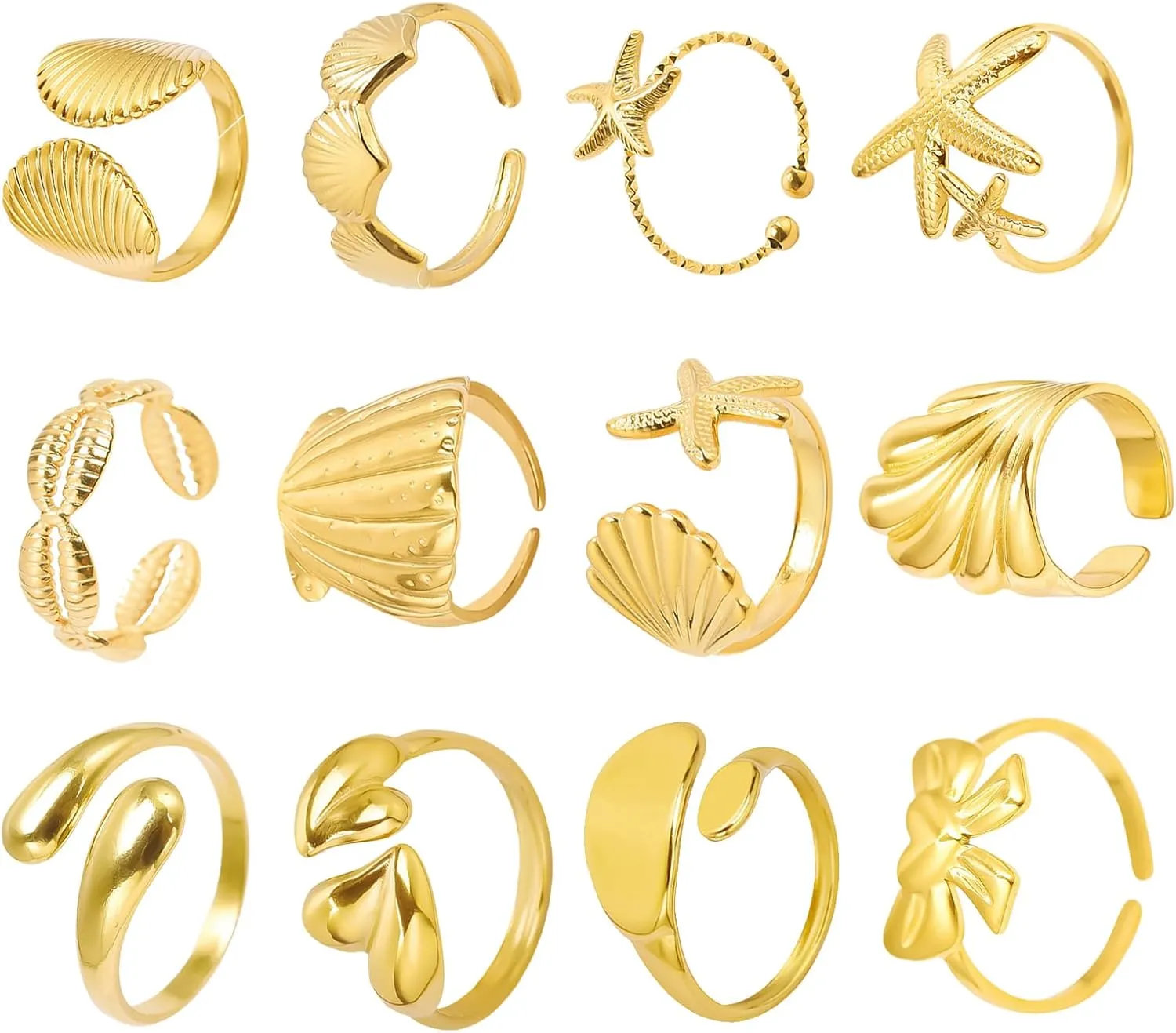 Gold Seashell Starfish Rings For Women Opening Shell Non Tarnish Chunky Rings Gold Dainty Stacking Rings Summer Beach Surfer Jewelry