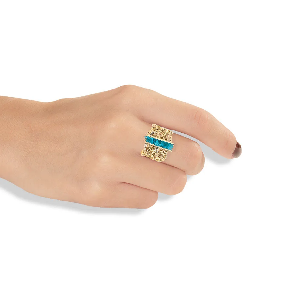 Handmade Diamond Curved Gold Plated Ring With Turquoise Crystals