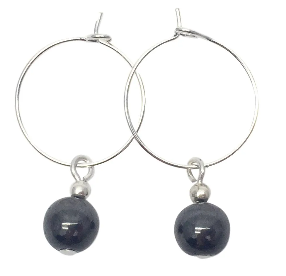 Hematite 8mm Stone Bead Silver Plated Hoops 20mm