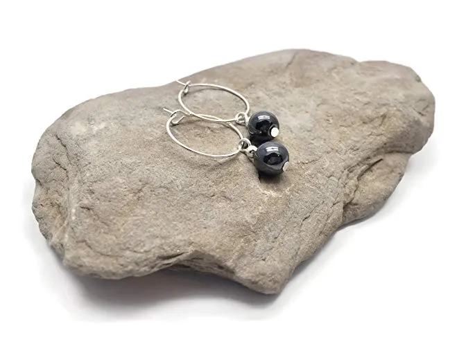 Hematite 8mm Stone Bead Silver Plated Hoops 20mm