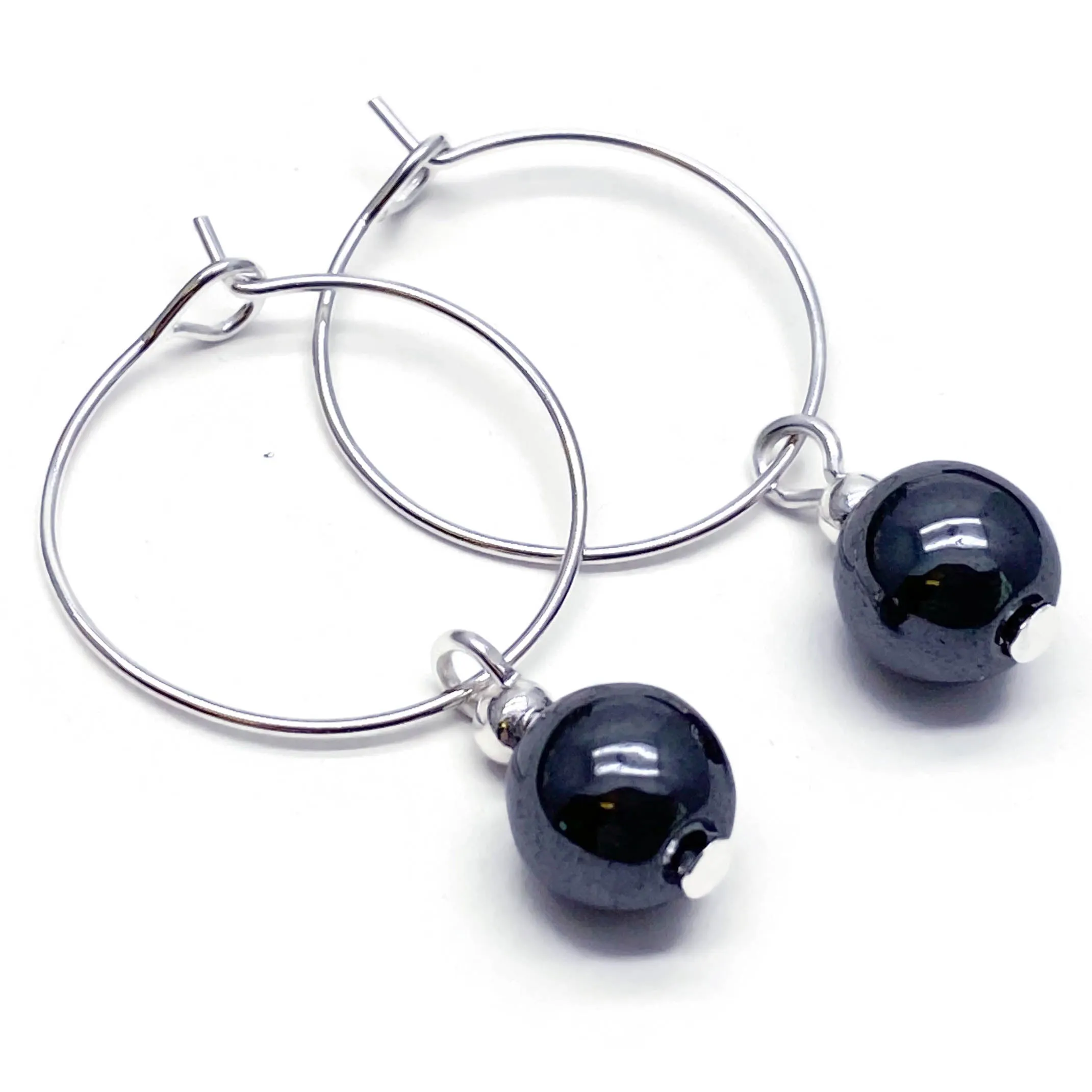 Hematite 8mm Stone Bead Silver Plated Hoops 20mm