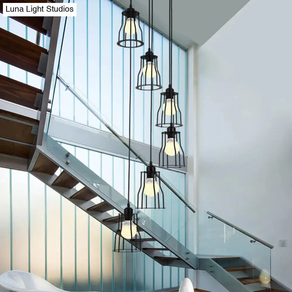 Industrial 6-Head Stair Suspended Pendant Lamp - Iron Wire Cage Multi Ceiling Light in Black