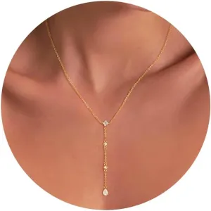 Lariat Gold Necklace for Women Trendy Long Necklace Dainty 14k Gold Plated/Silver Y Pendant Necklace Y-Shaped Drop Dangle Chain Necklace Simple CZ Cross Heart Layered Star Necklace for Women Jewelry