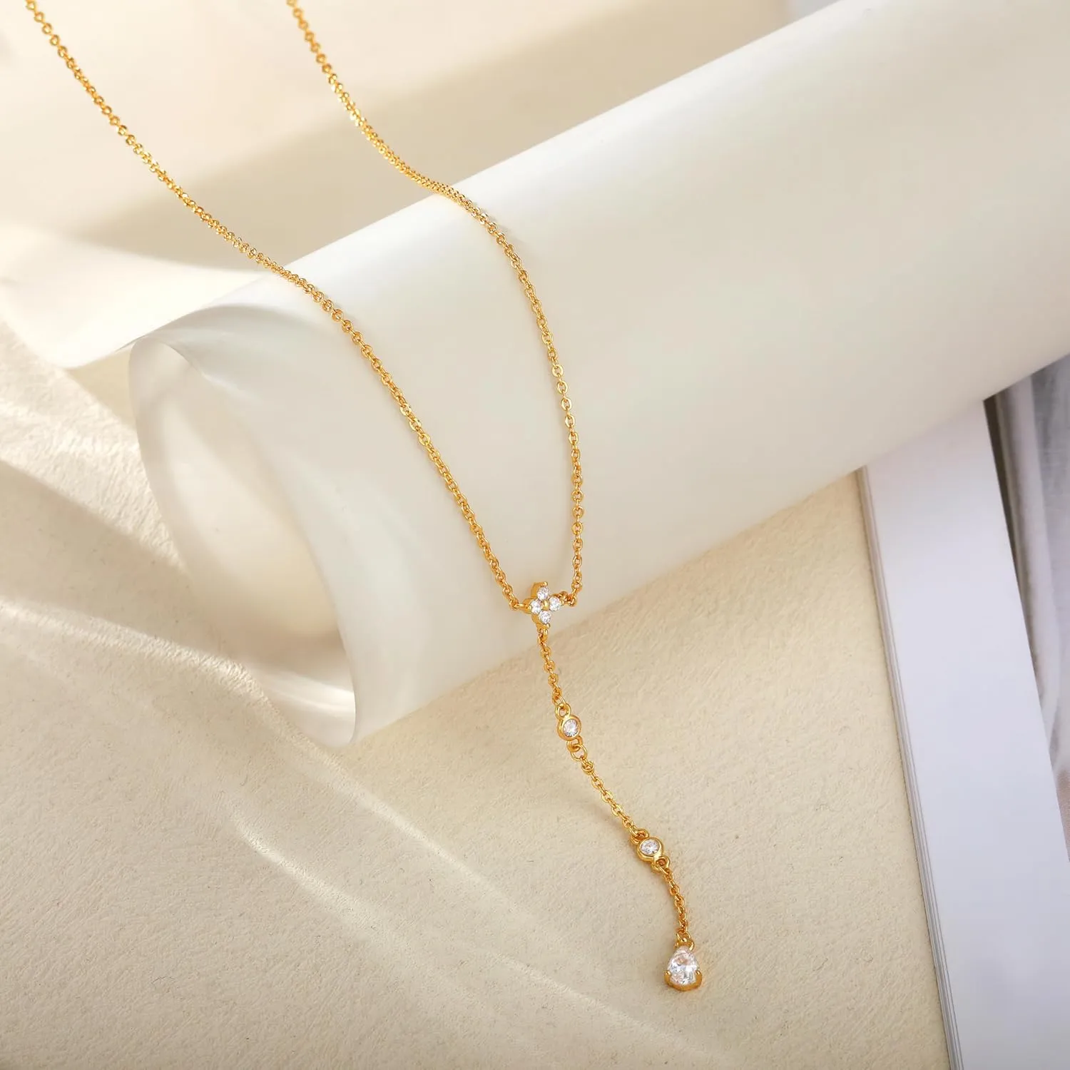 Lariat Gold Necklace for Women Trendy Long Necklace Dainty 14k Gold Plated/Silver Y Pendant Necklace Y-Shaped Drop Dangle Chain Necklace Simple CZ Cross Heart Layered Star Necklace for Women Jewelry