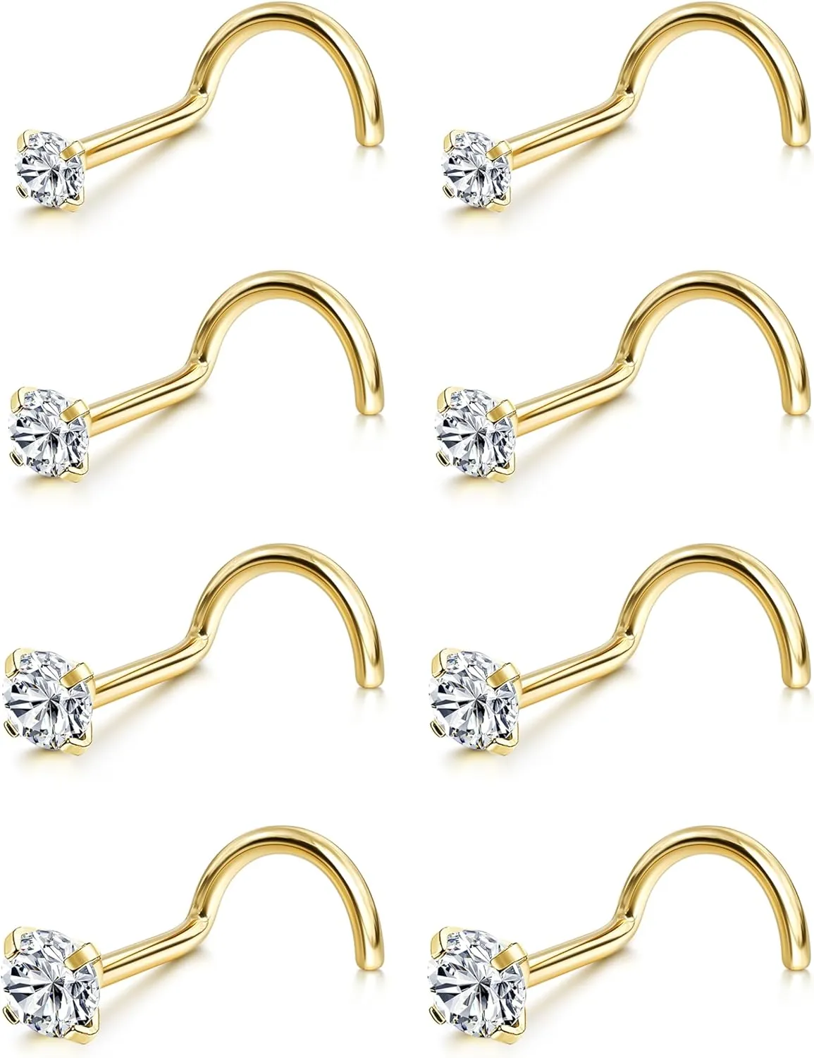 LOYALLOOK 8PCS Titanium Nose Rings, 20G/18G Corkscrew & L Shape Studs, Diamond CZ, Silver & Gold, Hypoallergenic, 1.5mm-3mm