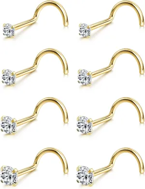 LOYALLOOK 8PCS Titanium Nose Rings, 20G/18G Corkscrew & L Shape Studs, Diamond CZ, Silver & Gold, Hypoallergenic, 1.5mm-3mm