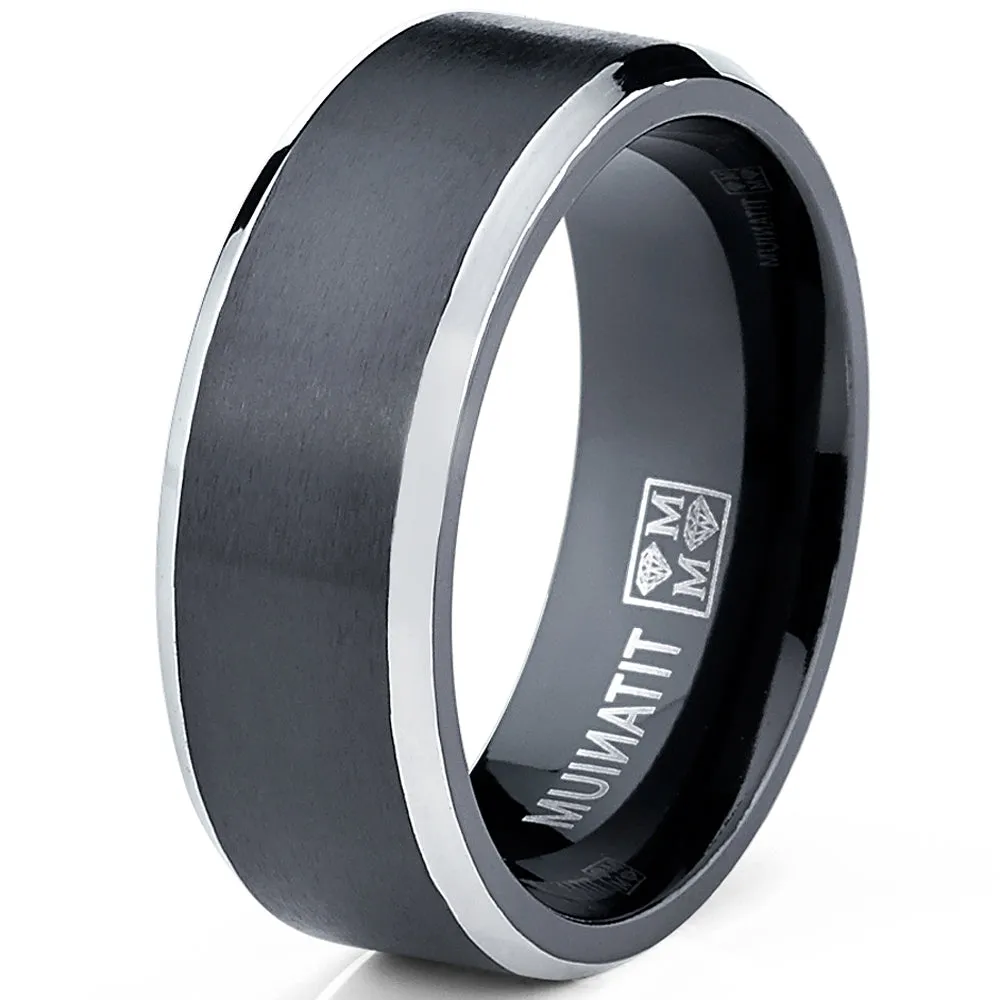 Men's Flat Top Black Two Tone Titanium Wedding Band Engagement Ring, 8mm Sizes 7 to 13