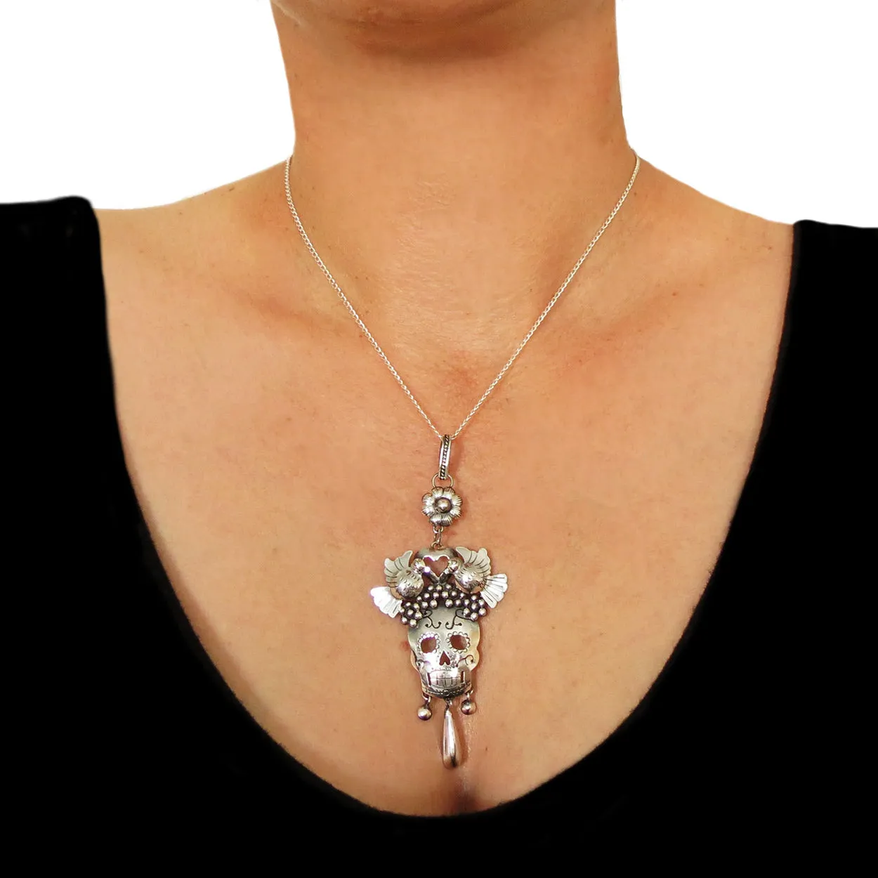 Mexican Day of the Dead 925 Sterling Silver Pendant Necklace