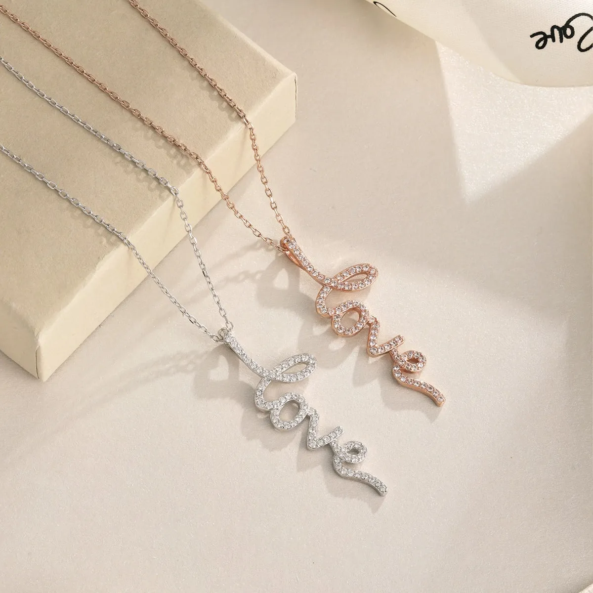 Pave CZ Cursive LOVE Vertical Pendant Necklace