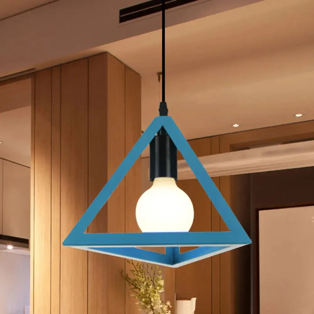 Retro Stylish Metal Hanging Lamp with Triangle Cage Shade - Red/Blue Pendant Lighting Fixture for Living Room