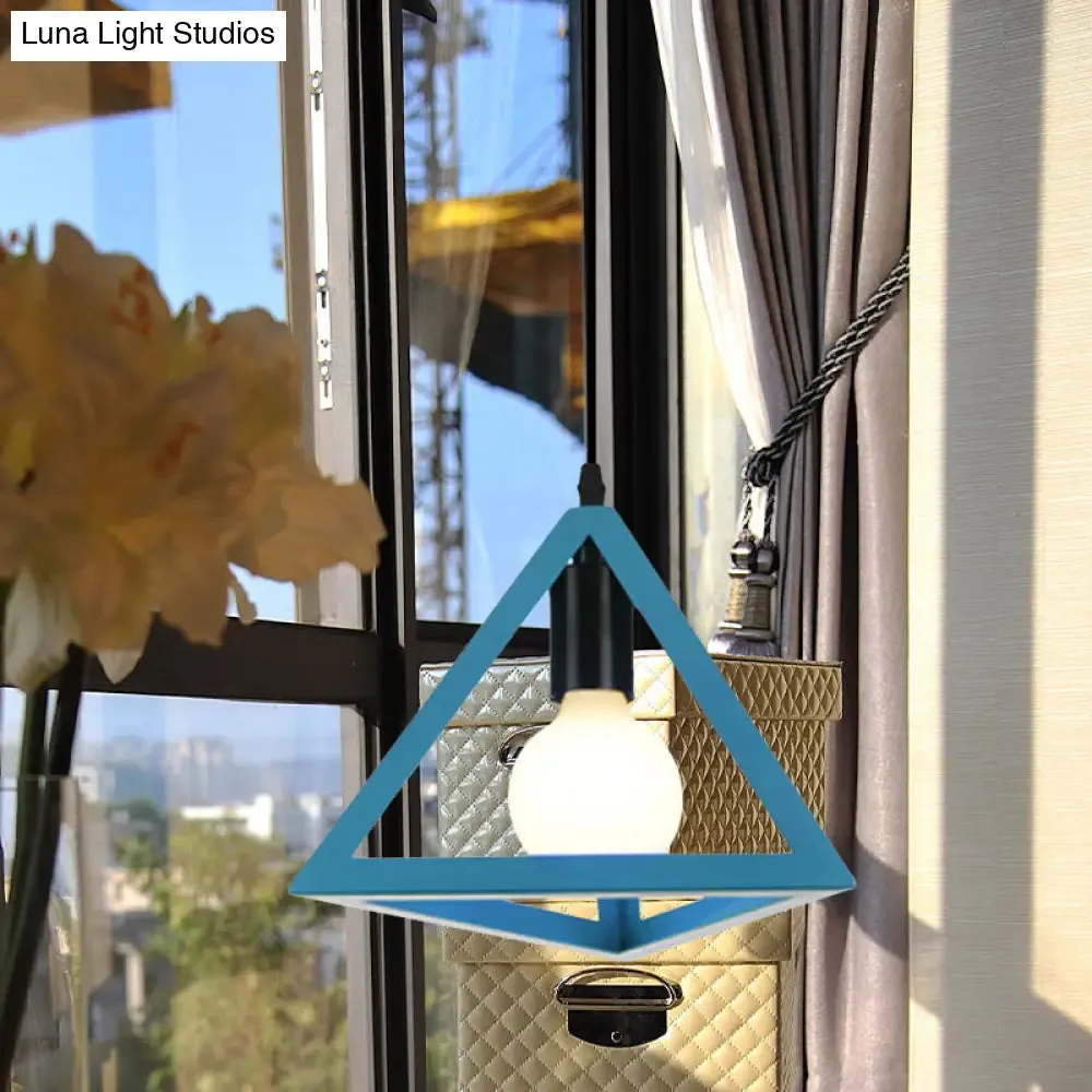Retro Stylish Metal Hanging Lamp with Triangle Cage Shade - Red/Blue Pendant Lighting Fixture for Living Room