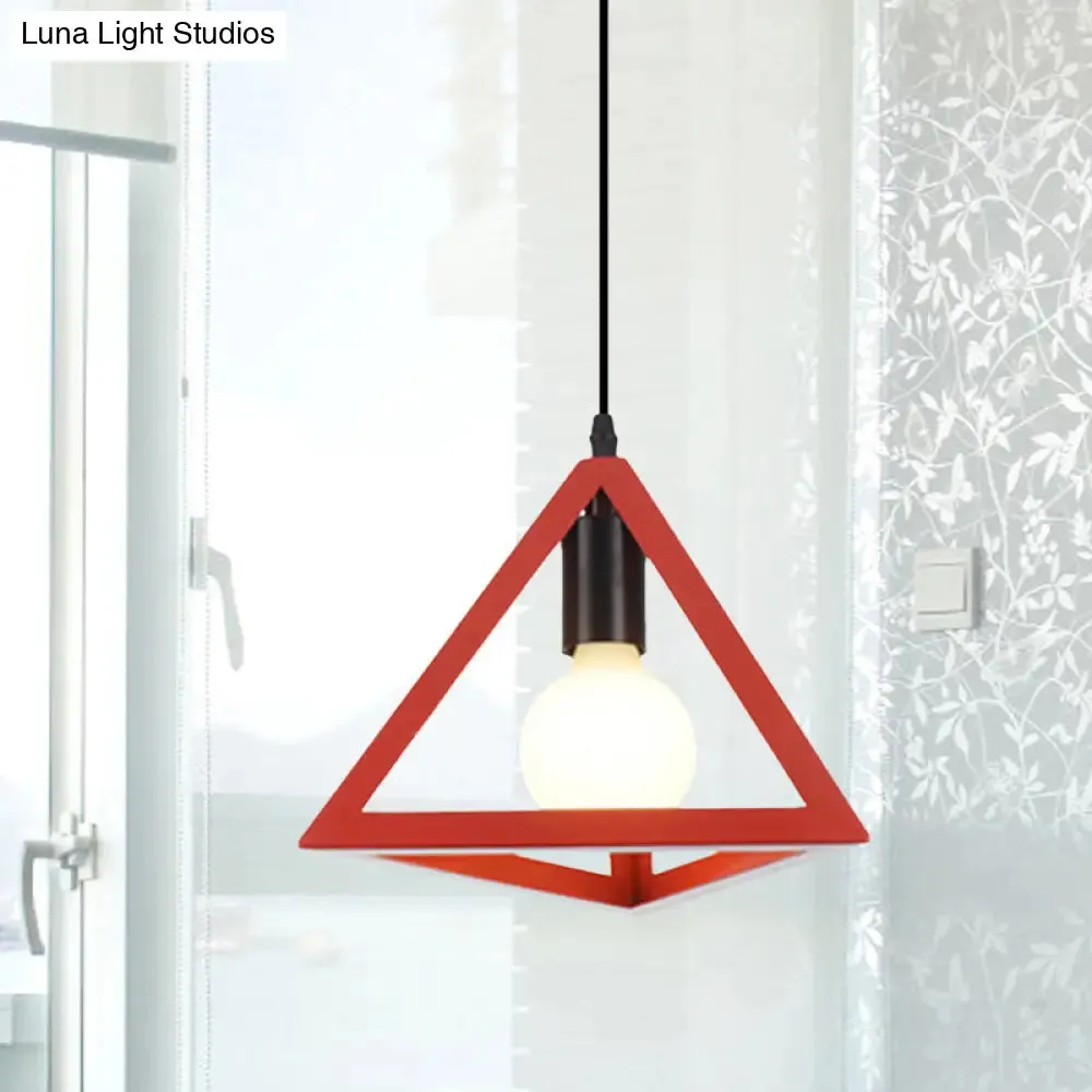 Retro Stylish Metal Hanging Lamp with Triangle Cage Shade - Red/Blue Pendant Lighting Fixture for Living Room