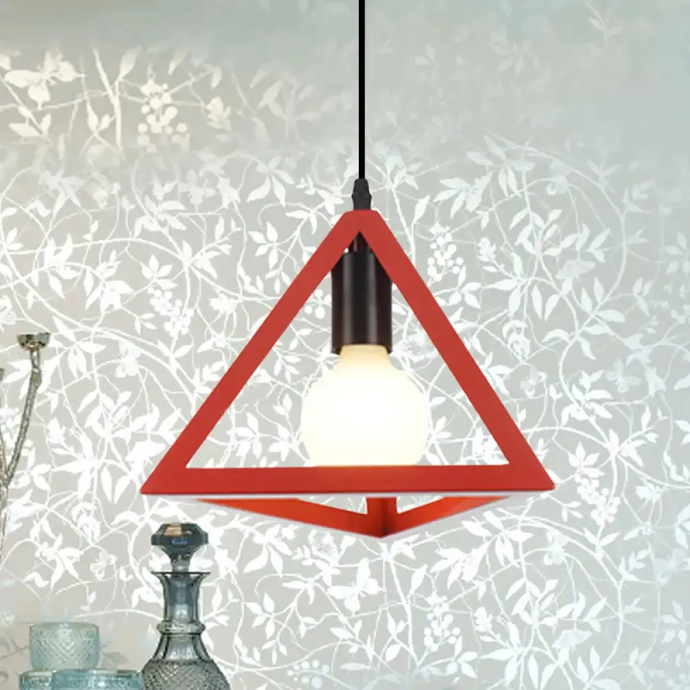 Retro Stylish Metal Hanging Lamp with Triangle Cage Shade - Red/Blue Pendant Lighting Fixture for Living Room