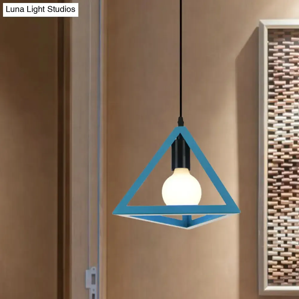 Retro Stylish Metal Hanging Lamp with Triangle Cage Shade - Red/Blue Pendant Lighting Fixture for Living Room