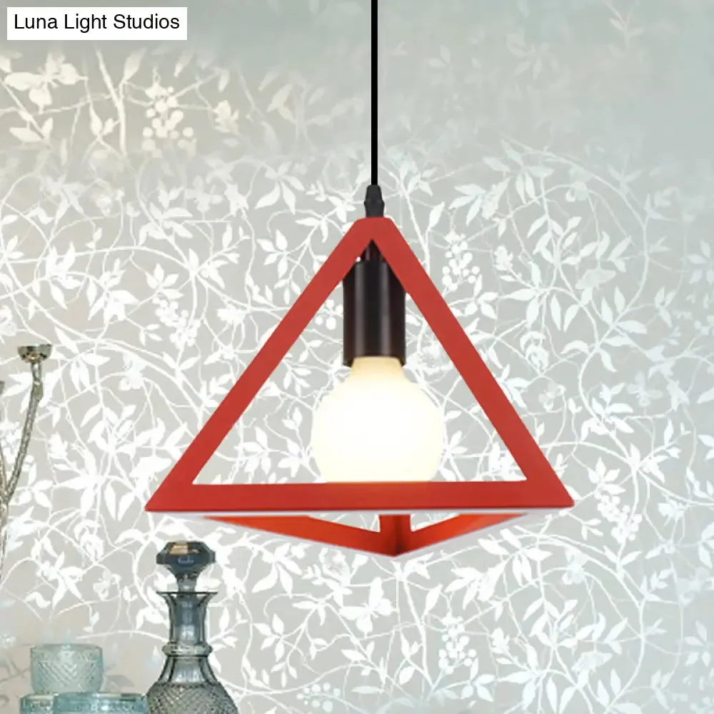 Retro Stylish Metal Hanging Lamp with Triangle Cage Shade - Red/Blue Pendant Lighting Fixture for Living Room