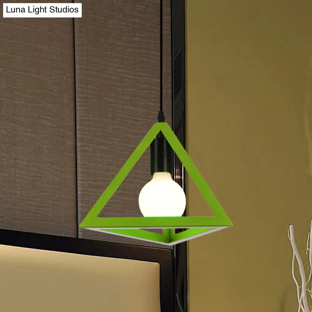 Retro Stylish Metal Hanging Lamp with Triangle Cage Shade - Red/Blue Pendant Lighting Fixture for Living Room