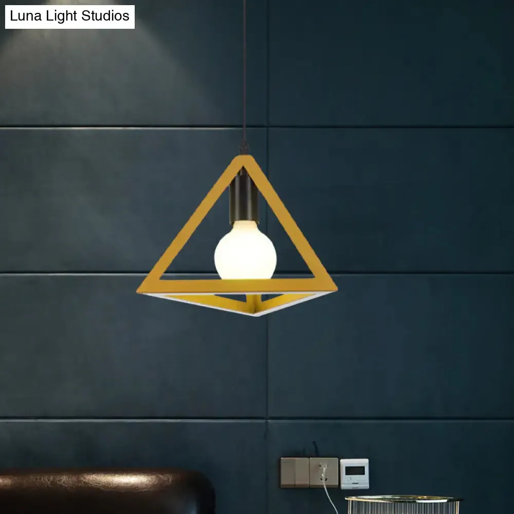 Retro Stylish Metal Hanging Lamp with Triangle Cage Shade - Red/Blue Pendant Lighting Fixture for Living Room