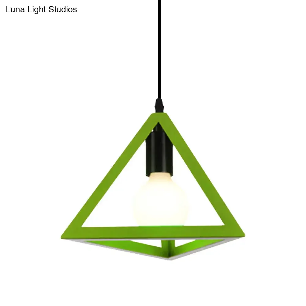 Retro Stylish Metal Hanging Lamp with Triangle Cage Shade - Red/Blue Pendant Lighting Fixture for Living Room
