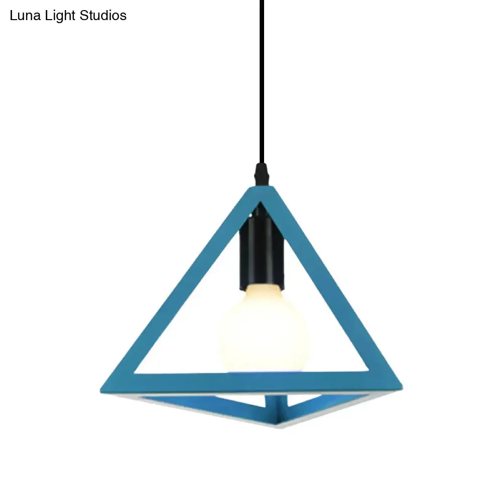 Retro Stylish Metal Hanging Lamp with Triangle Cage Shade - Red/Blue Pendant Lighting Fixture for Living Room