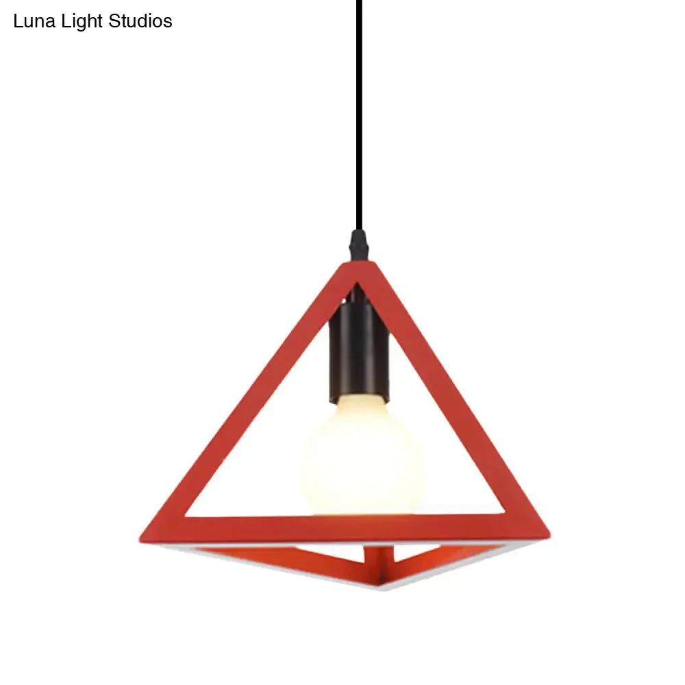 Retro Stylish Metal Hanging Lamp with Triangle Cage Shade - Red/Blue Pendant Lighting Fixture for Living Room