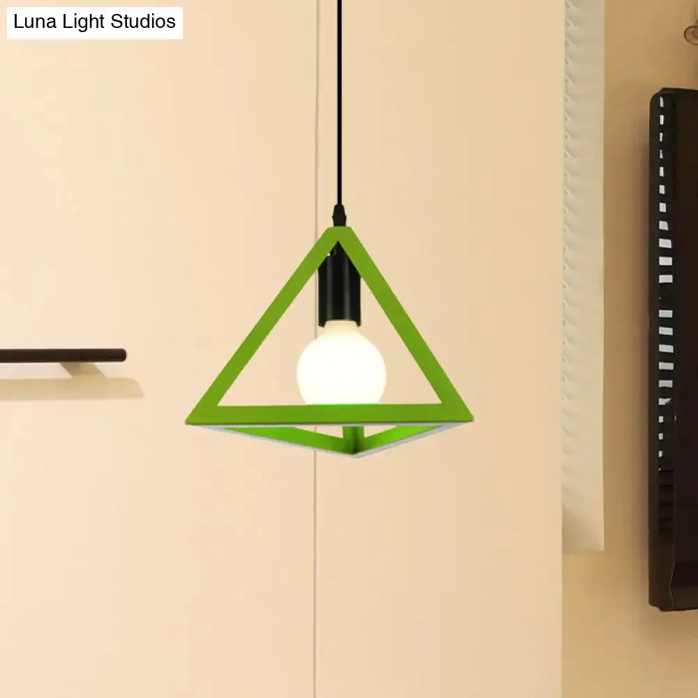 Retro Stylish Metal Hanging Lamp with Triangle Cage Shade - Red/Blue Pendant Lighting Fixture for Living Room