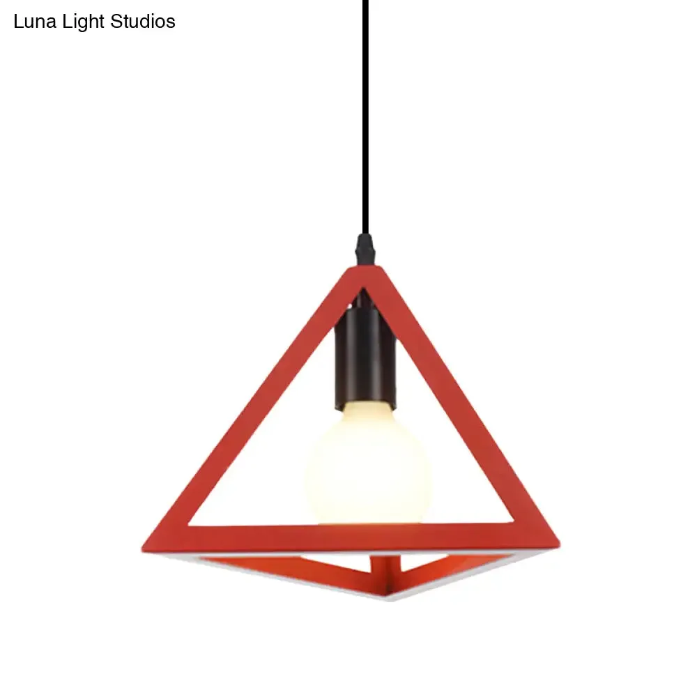 Retro Stylish Metal Hanging Lamp with Triangle Cage Shade - Red/Blue Pendant Lighting Fixture for Living Room