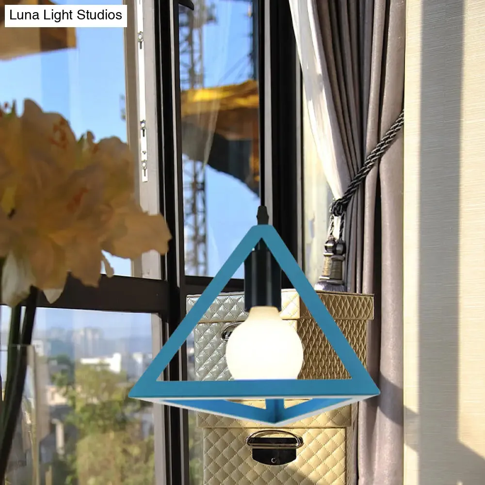 Retro Stylish Metal Hanging Lamp with Triangle Cage Shade - Red/Blue Pendant Lighting Fixture for Living Room