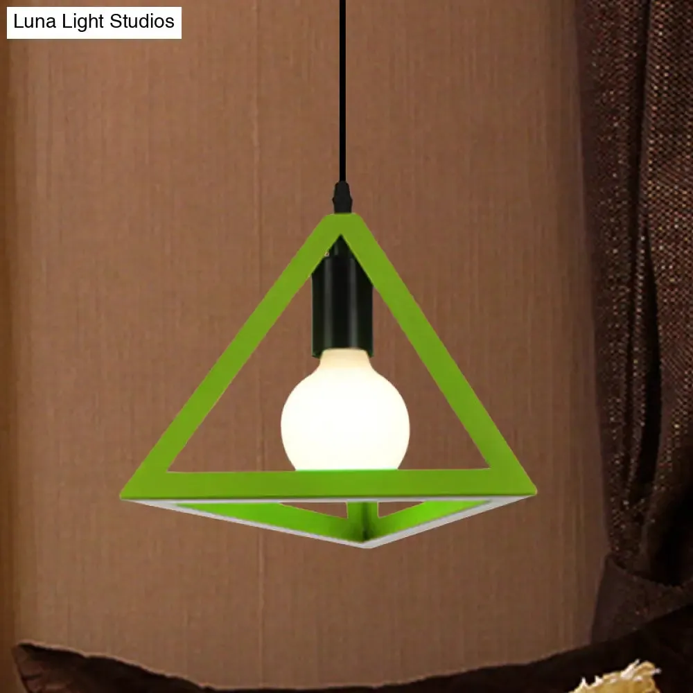 Retro Stylish Metal Hanging Lamp with Triangle Cage Shade - Red/Blue Pendant Lighting Fixture for Living Room