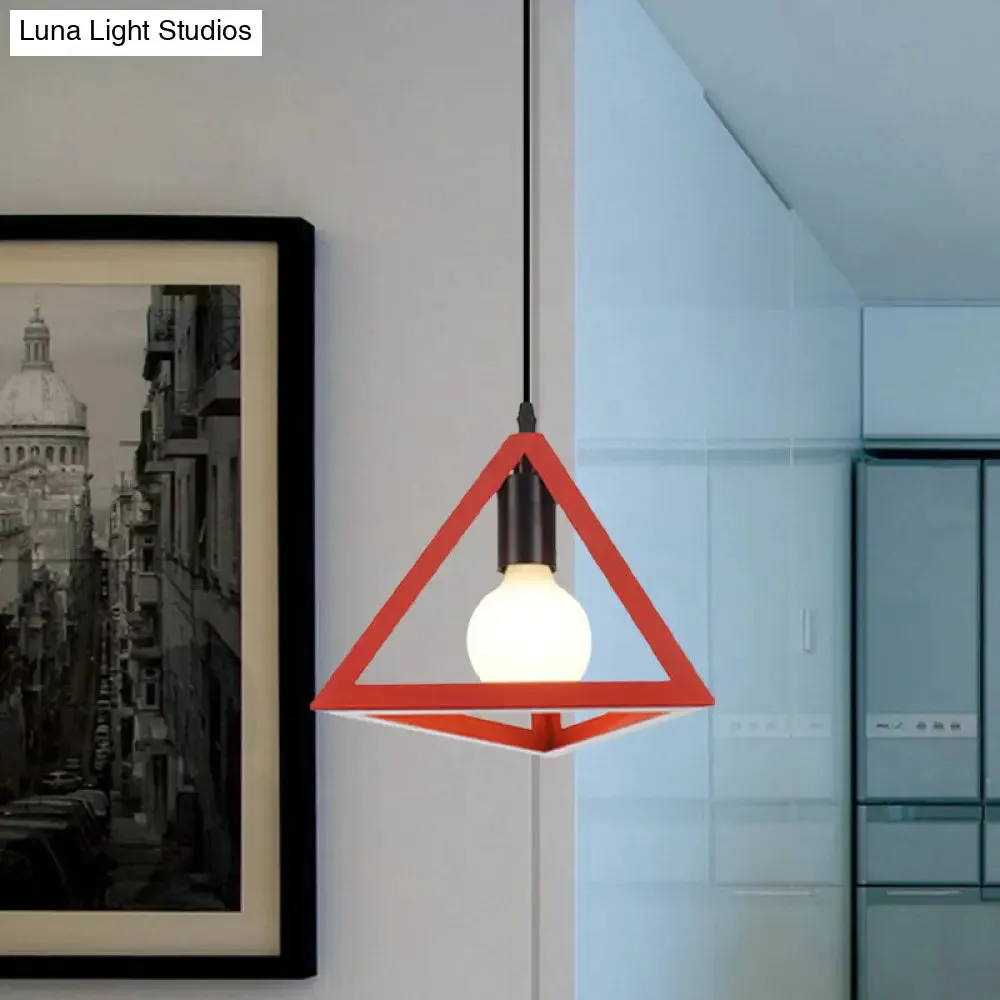 Retro Stylish Metal Hanging Lamp with Triangle Cage Shade - Red/Blue Pendant Lighting Fixture for Living Room