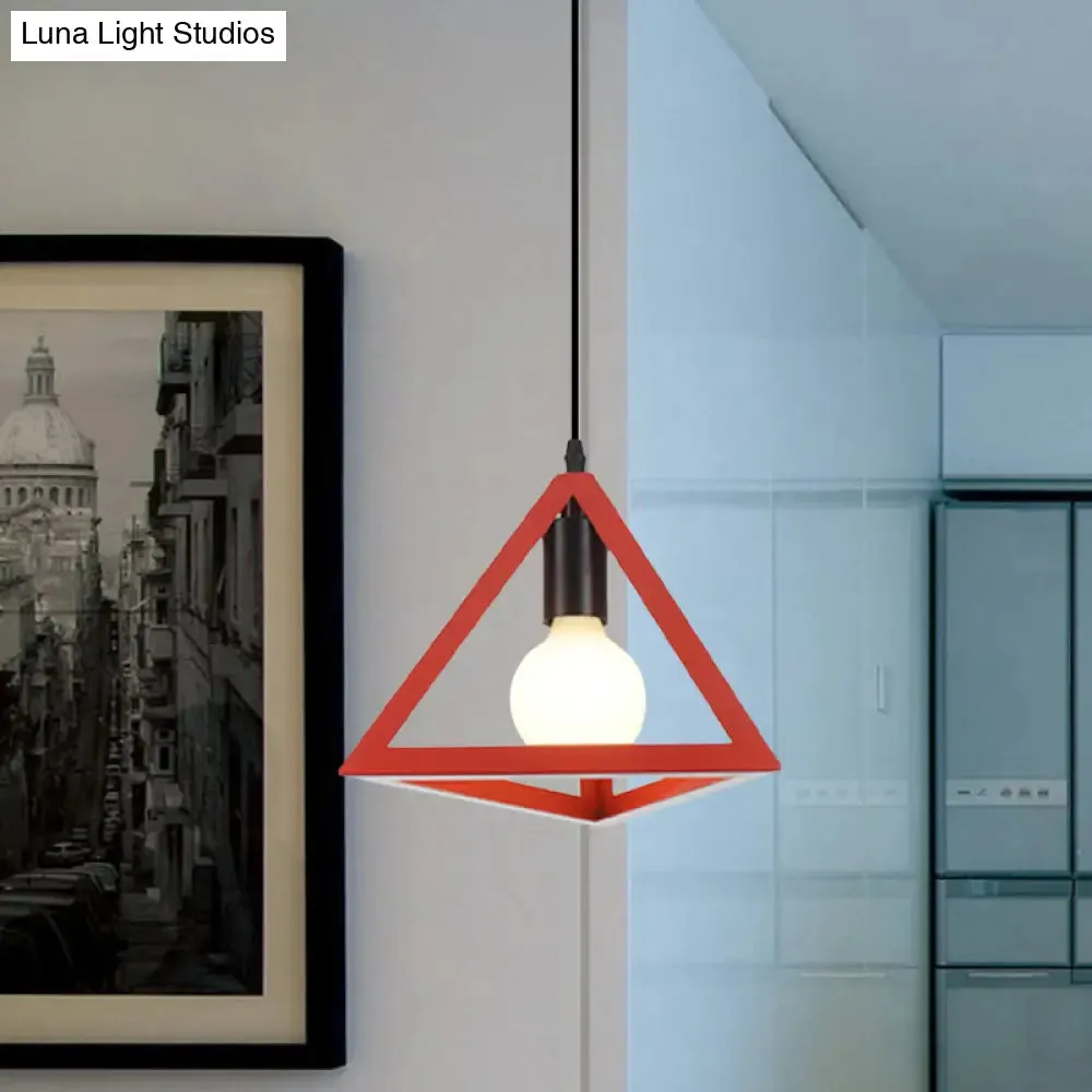 Retro Stylish Metal Hanging Lamp with Triangle Cage Shade - Red/Blue Pendant Lighting Fixture for Living Room