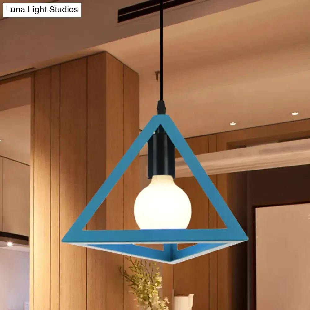 Retro Stylish Metal Hanging Lamp with Triangle Cage Shade - Red/Blue Pendant Lighting Fixture for Living Room