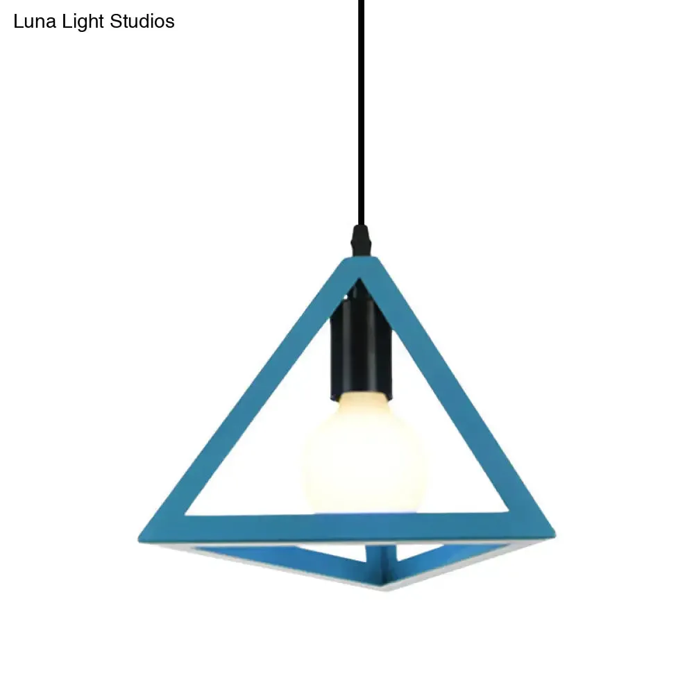 Retro Stylish Metal Hanging Lamp with Triangle Cage Shade - Red/Blue Pendant Lighting Fixture for Living Room