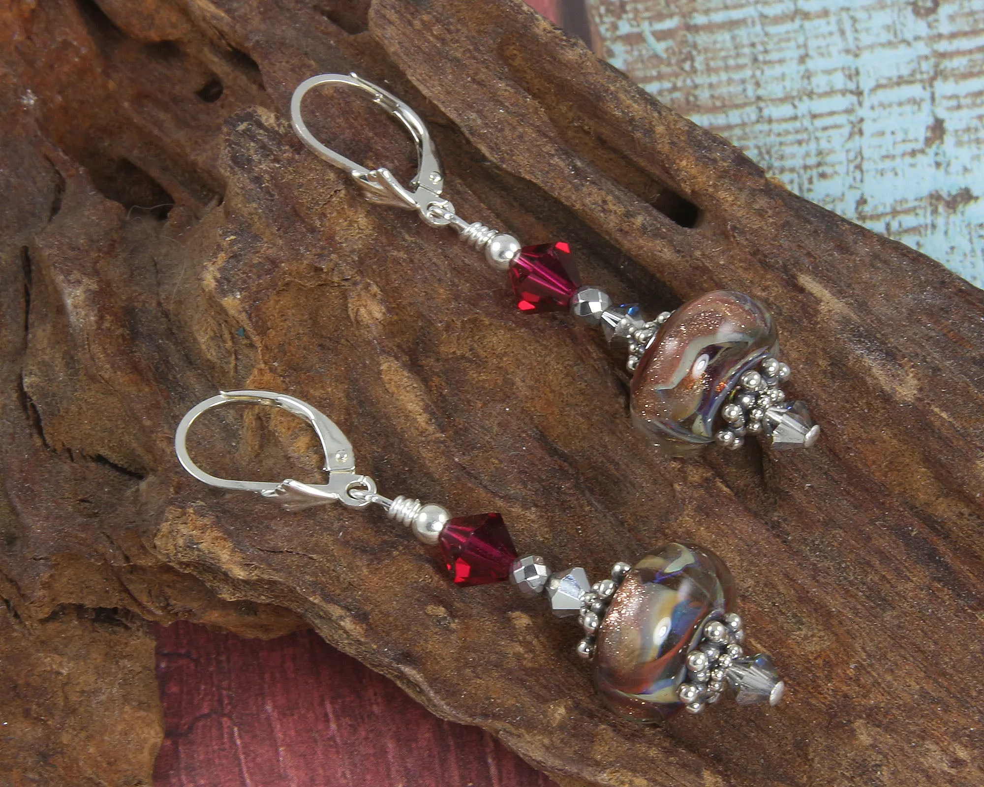 Ruby Shimmering Goldstone Lampwork Earrings