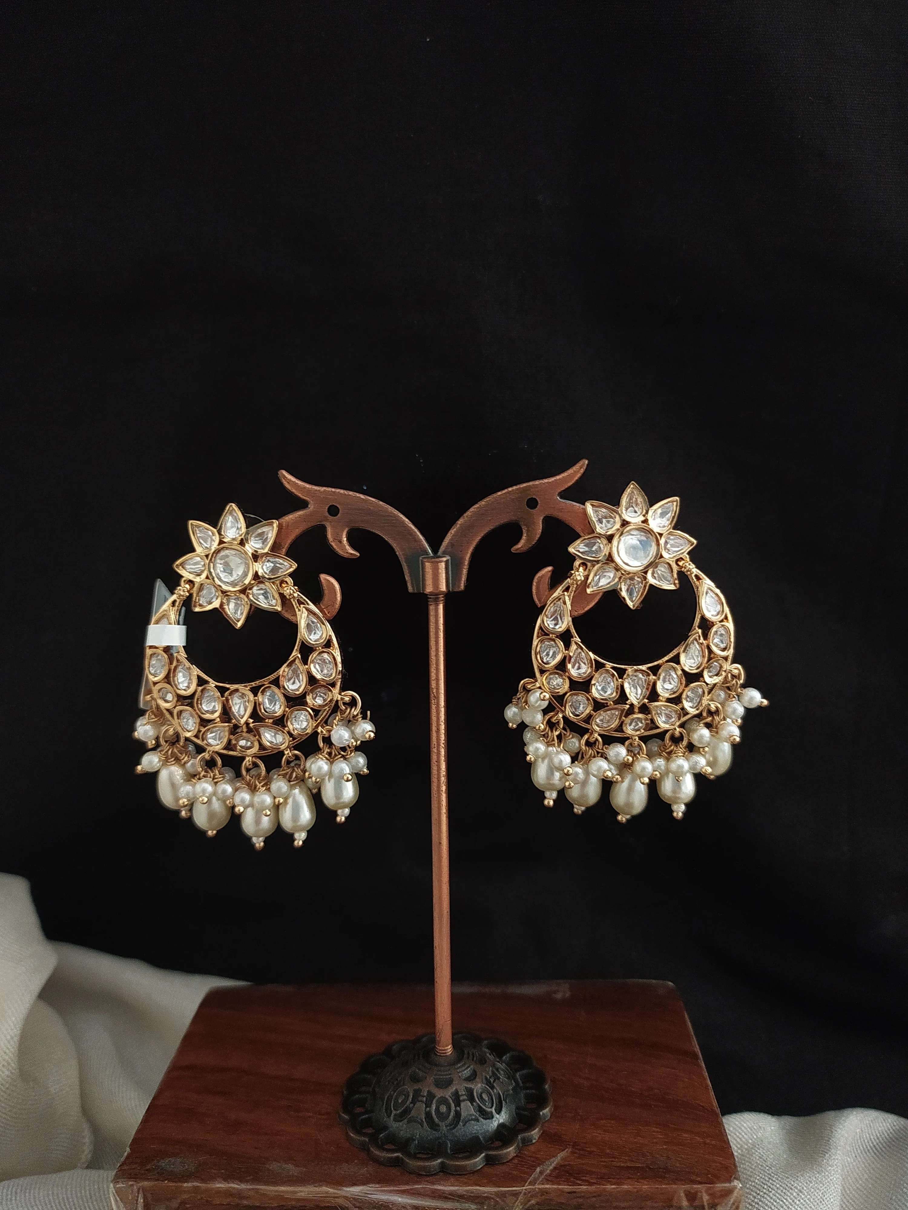 Shimmering Star Design Polki Kundan Chandbali Earrings