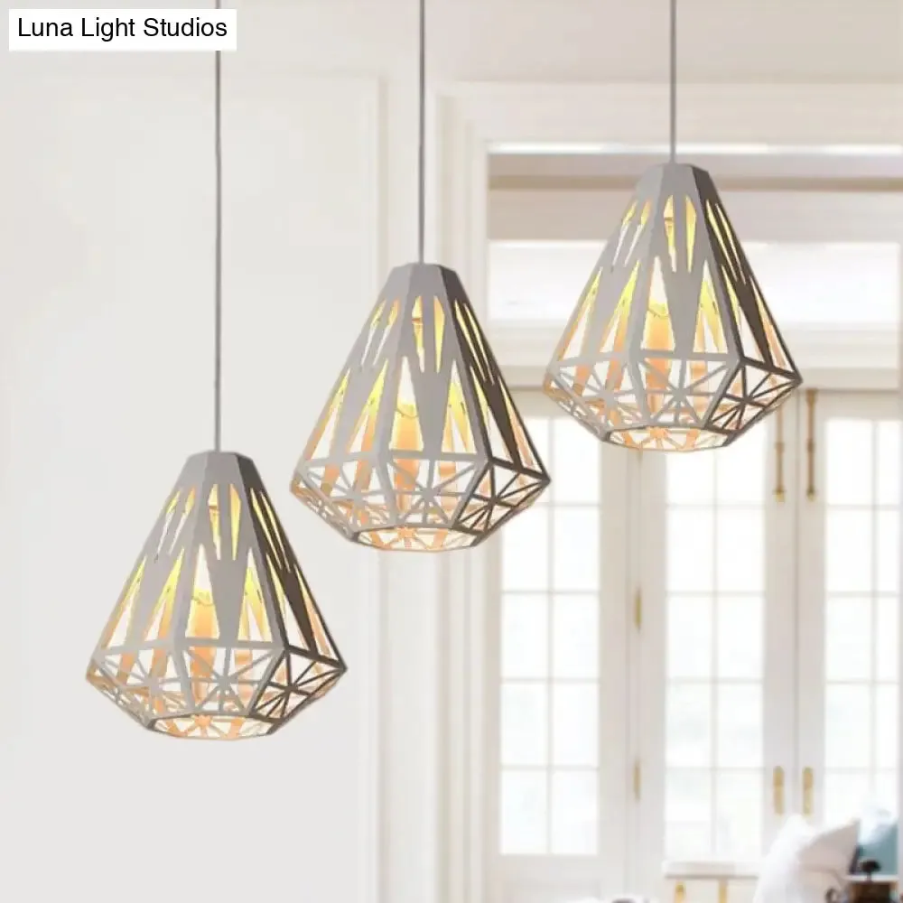 Stylish Wire Cage Suspension Light with Diamond Shade - Loft 3-Head Metal Ceiling Fixture (Black/White)