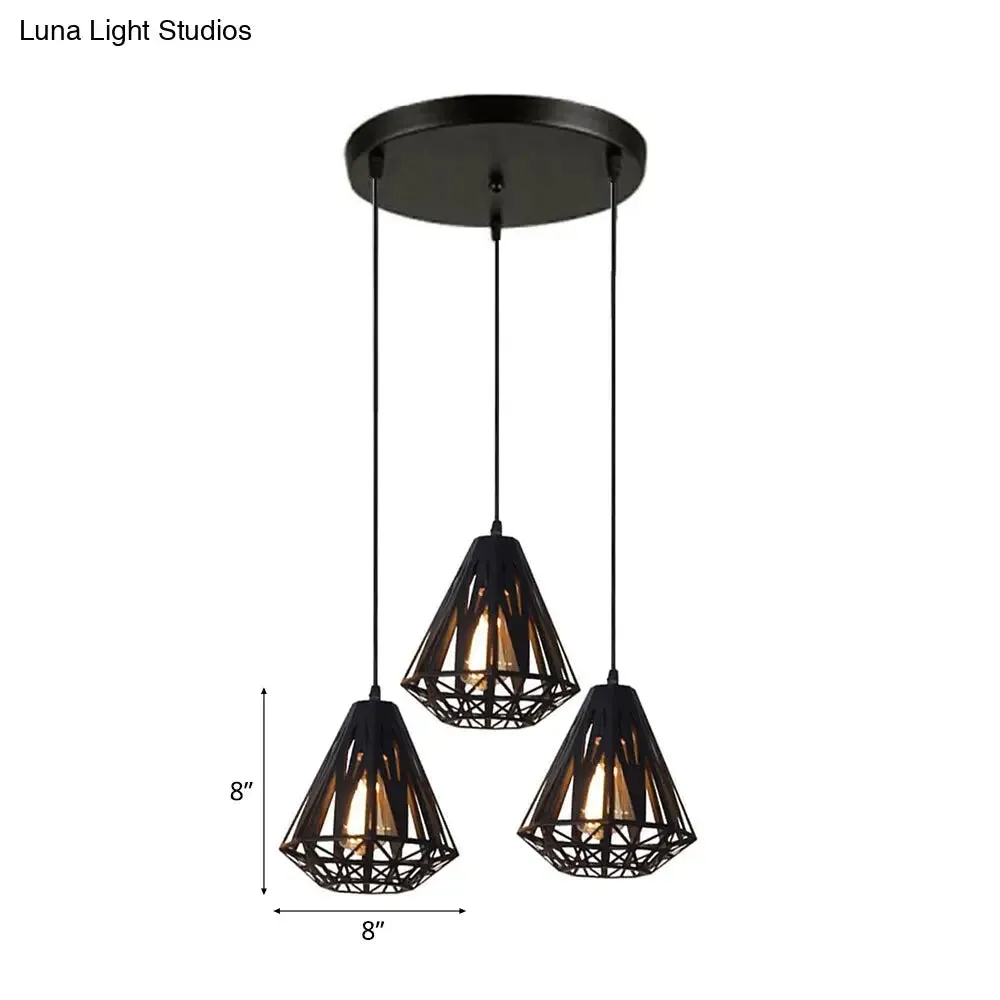 Stylish Wire Cage Suspension Light with Diamond Shade - Loft 3-Head Metal Ceiling Fixture (Black/White)