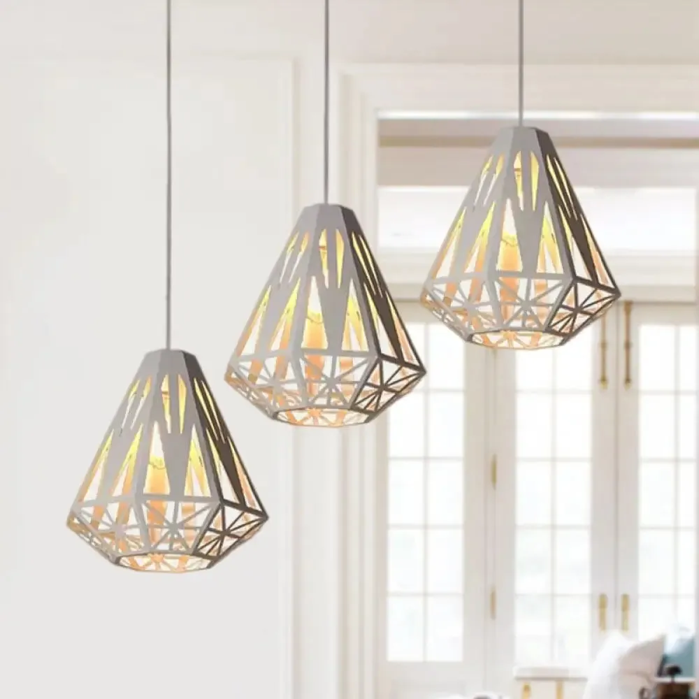 Stylish Wire Cage Suspension Light with Diamond Shade - Loft 3-Head Metal Ceiling Fixture (Black/White)