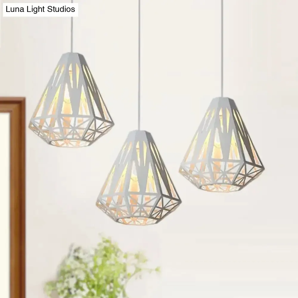 Stylish Wire Cage Suspension Light with Diamond Shade - Loft 3-Head Metal Ceiling Fixture (Black/White)