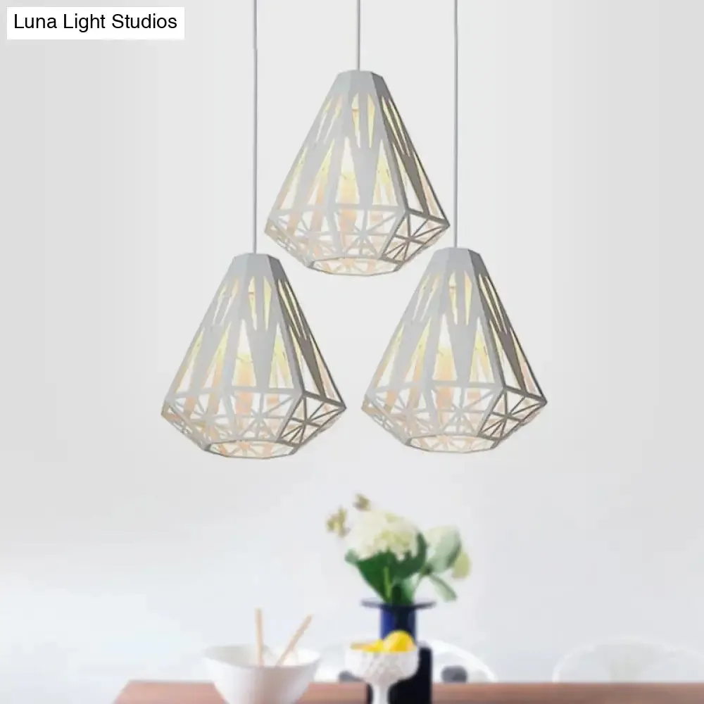 Stylish Wire Cage Suspension Light with Diamond Shade - Loft 3-Head Metal Ceiling Fixture (Black/White)