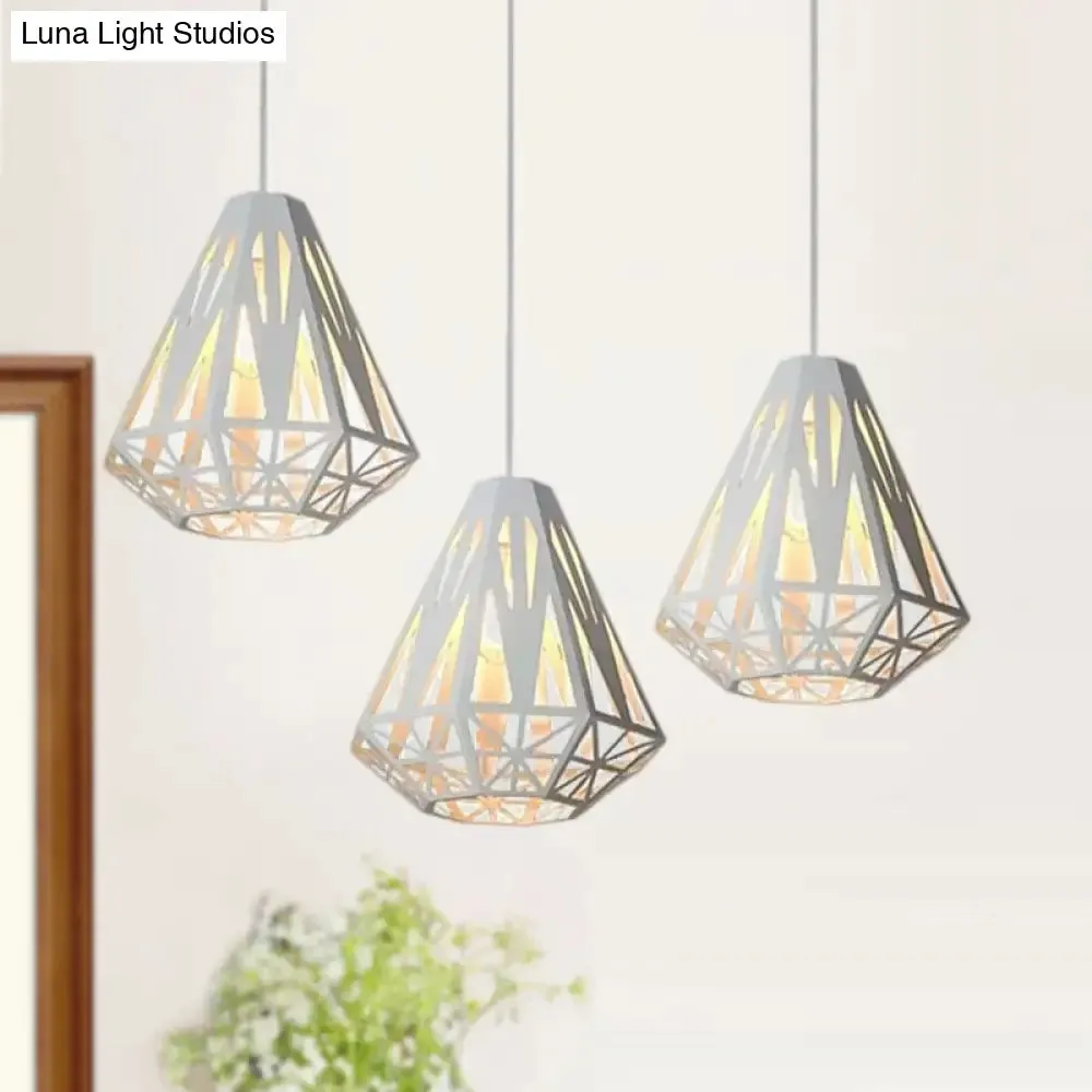 Stylish Wire Cage Suspension Light with Diamond Shade - Loft 3-Head Metal Ceiling Fixture (Black/White)