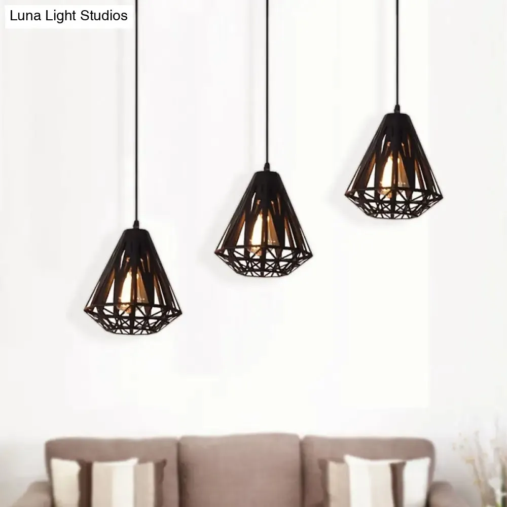 Stylish Wire Cage Suspension Light with Diamond Shade - Loft 3-Head Metal Ceiling Fixture (Black/White)