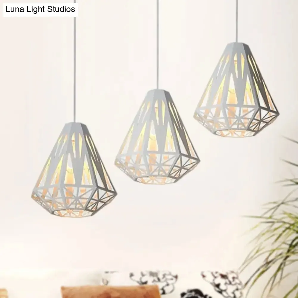Stylish Wire Cage Suspension Light with Diamond Shade - Loft 3-Head Metal Ceiling Fixture (Black/White)